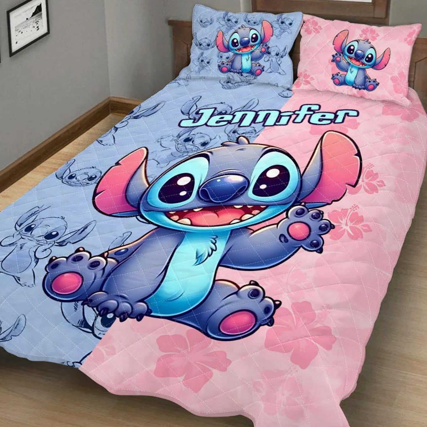 Personalized Cute Ohana Bedding Set – Custom Name Blue Alien Quilt & Pillowcase Set