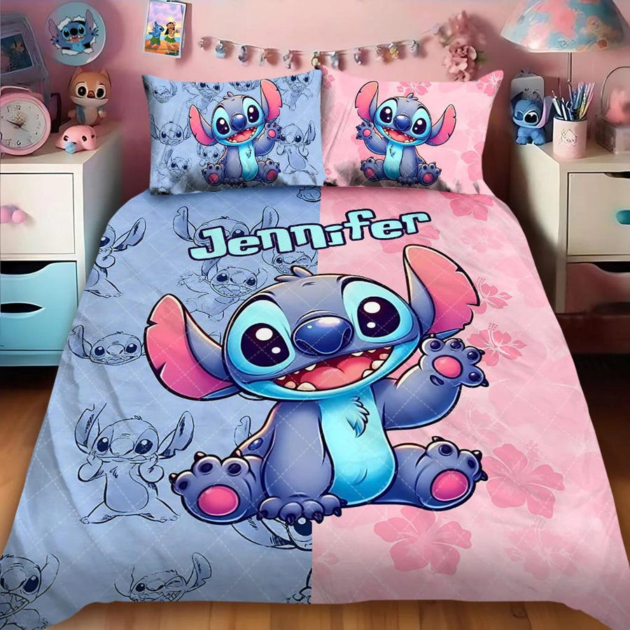Personalized Cute Ohana Bedding Set – Custom Name Blue Alien Quilt & Pillowcase Set