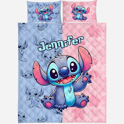 Personalized Cute Ohana Bedding Set – Custom Name Blue Alien Quilt & Pillowcase Set