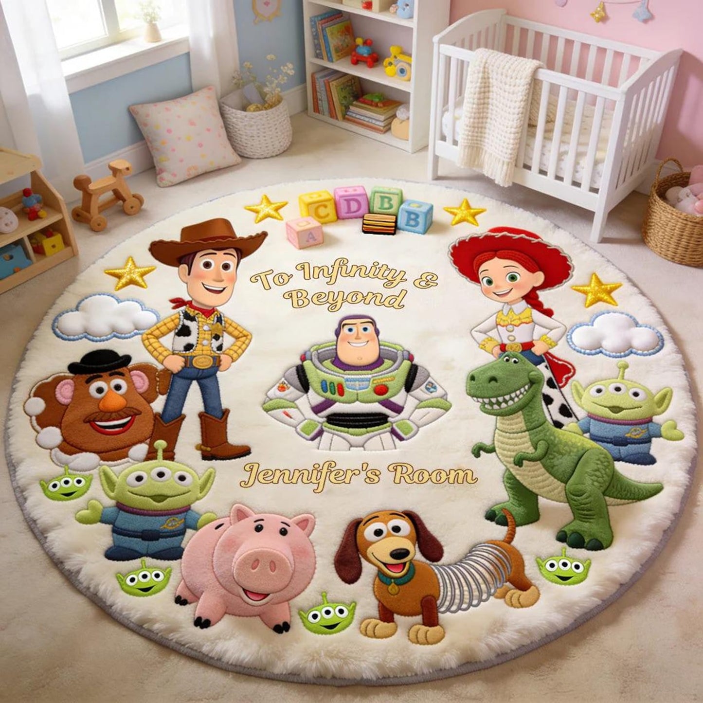 Personalized Space Cowboy & Friends Round Rug – Custom Name Non-Slip Tufted Rug