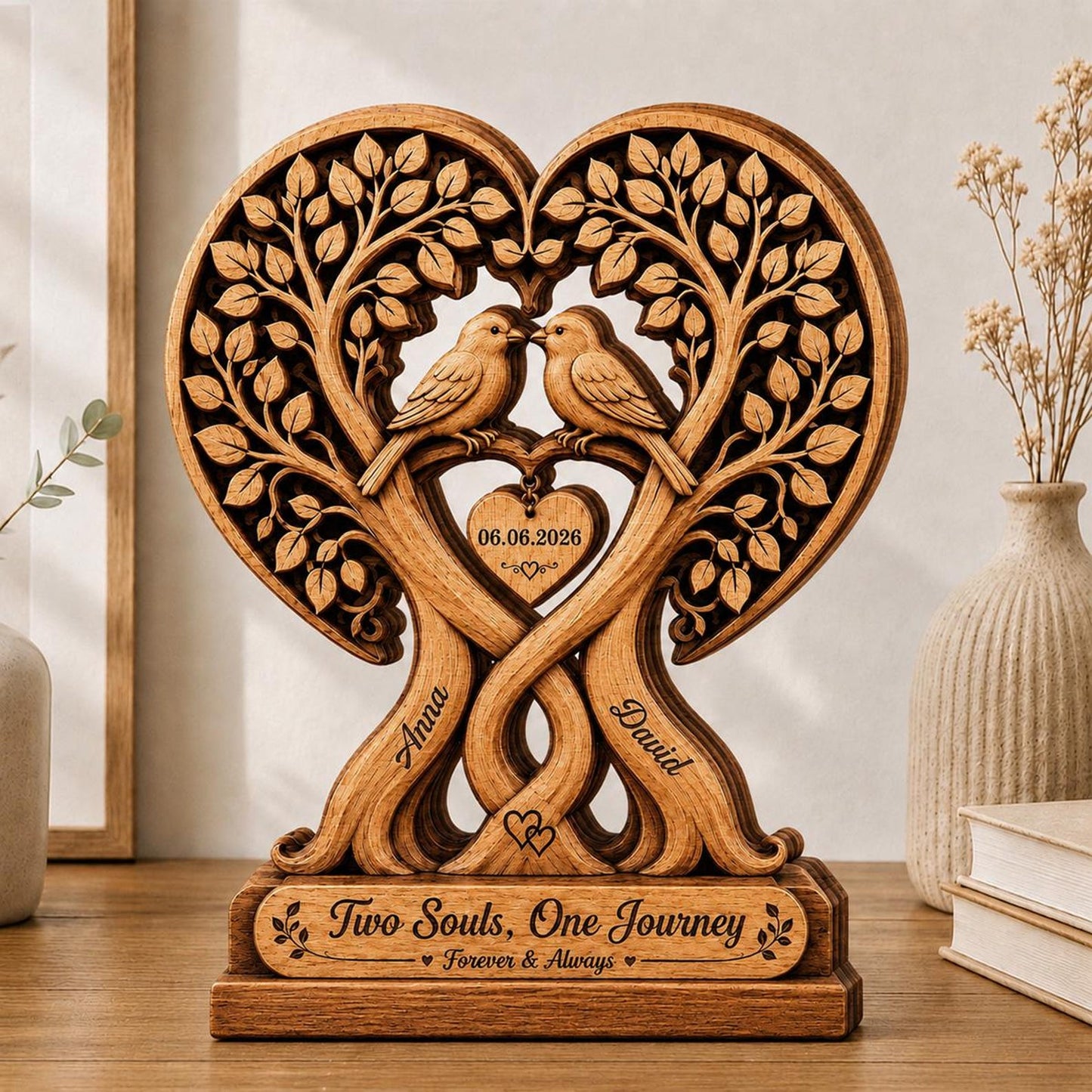 Personalized Couple Tree with Birds Wooden Plaque - Custom Anniversary Gift Wedding Decor