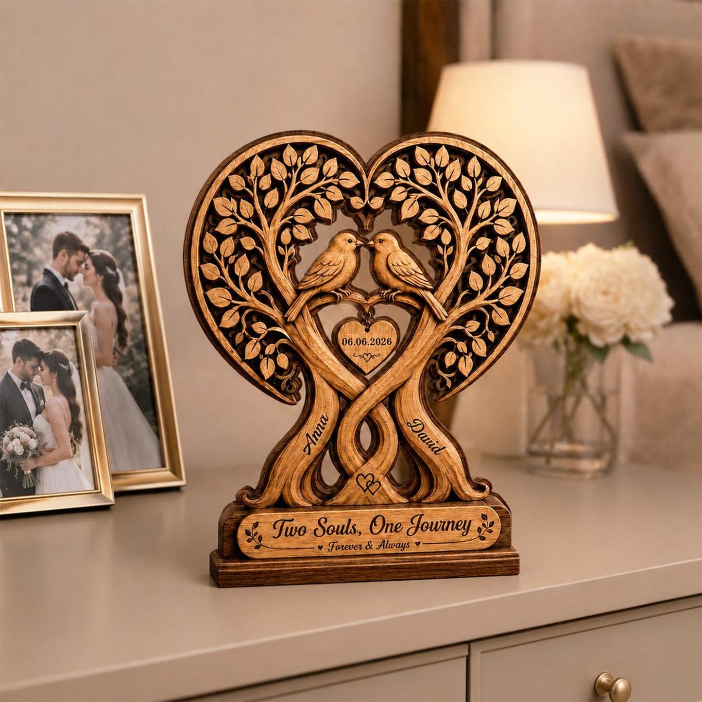 Personalized Couple Tree with Birds Wooden Plaque - Custom Anniversary Gift Wedding Decor
