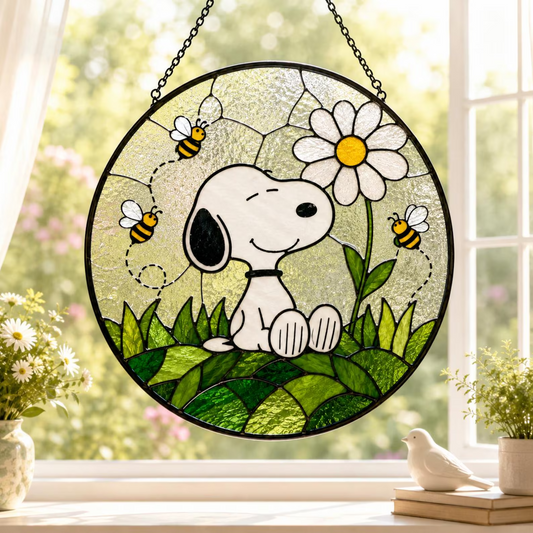 Happy Puppy & Bees Acrylic Suncatcher – Daisy Garden Window Hanging Decor