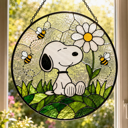Happy Puppy & Bees Acrylic Suncatcher – Daisy Garden Window Hanging Decor