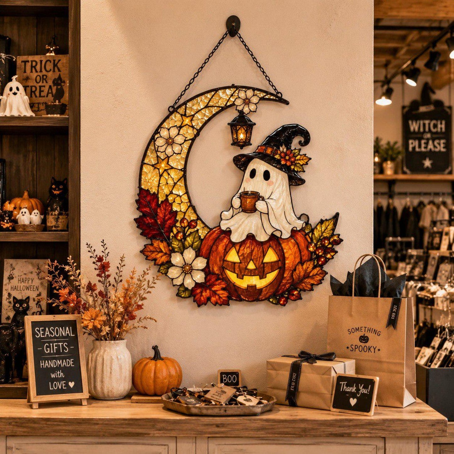 Ghost Pumpkin Moon Suncatcher Window Hanging - Halloween Personalized Gift