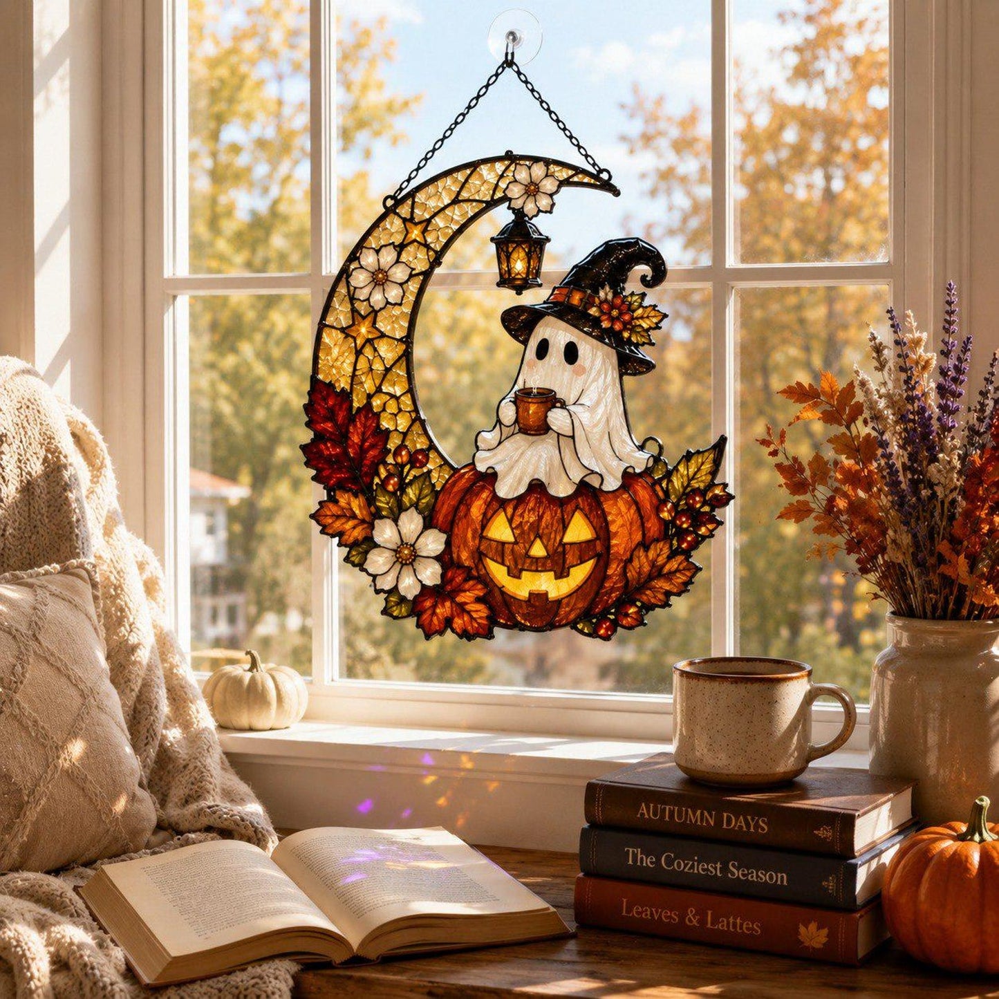 Ghost Pumpkin Moon Suncatcher Window Hanging - Halloween Personalized Gift