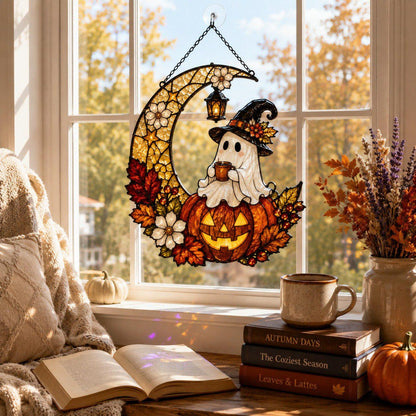 Ghost Pumpkin Moon Suncatcher Window Hanging - Halloween Personalized Gift