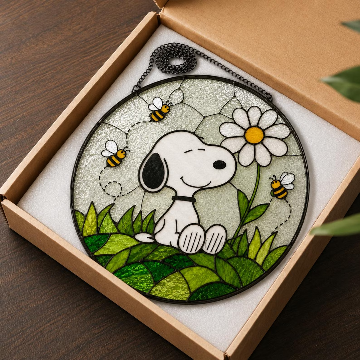 Happy Puppy & Bees Acrylic Suncatcher – Daisy Garden Window Hanging Decor
