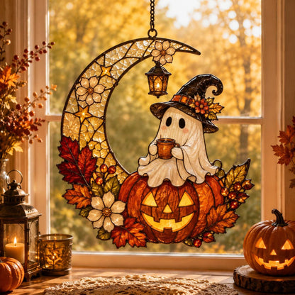 Ghost Pumpkin Moon Suncatcher Window Hanging - Halloween Personalized Gift