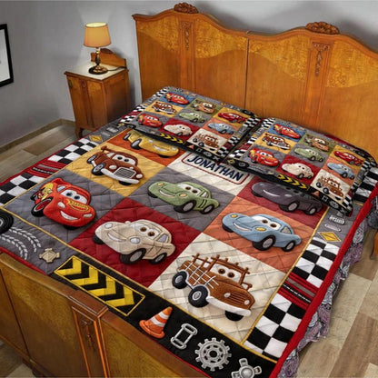 Personalized Race Car Bedding Set – Custom Name Cartoon Racing Quilt & Pillowcase Set