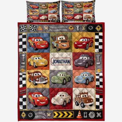 Personalized Race Car Bedding Set – Custom Name Cartoon Racing Quilt & Pillowcase Set