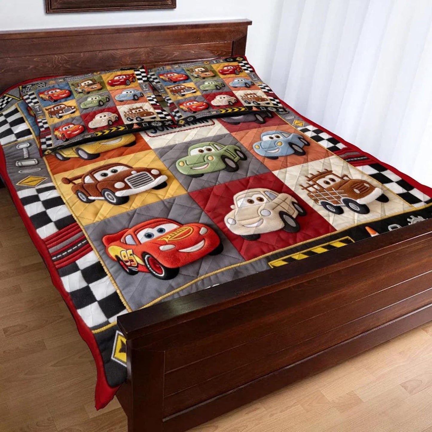 Personalized Race Car Bedding Set – Custom Name Cartoon Racing Quilt & Pillowcase Set