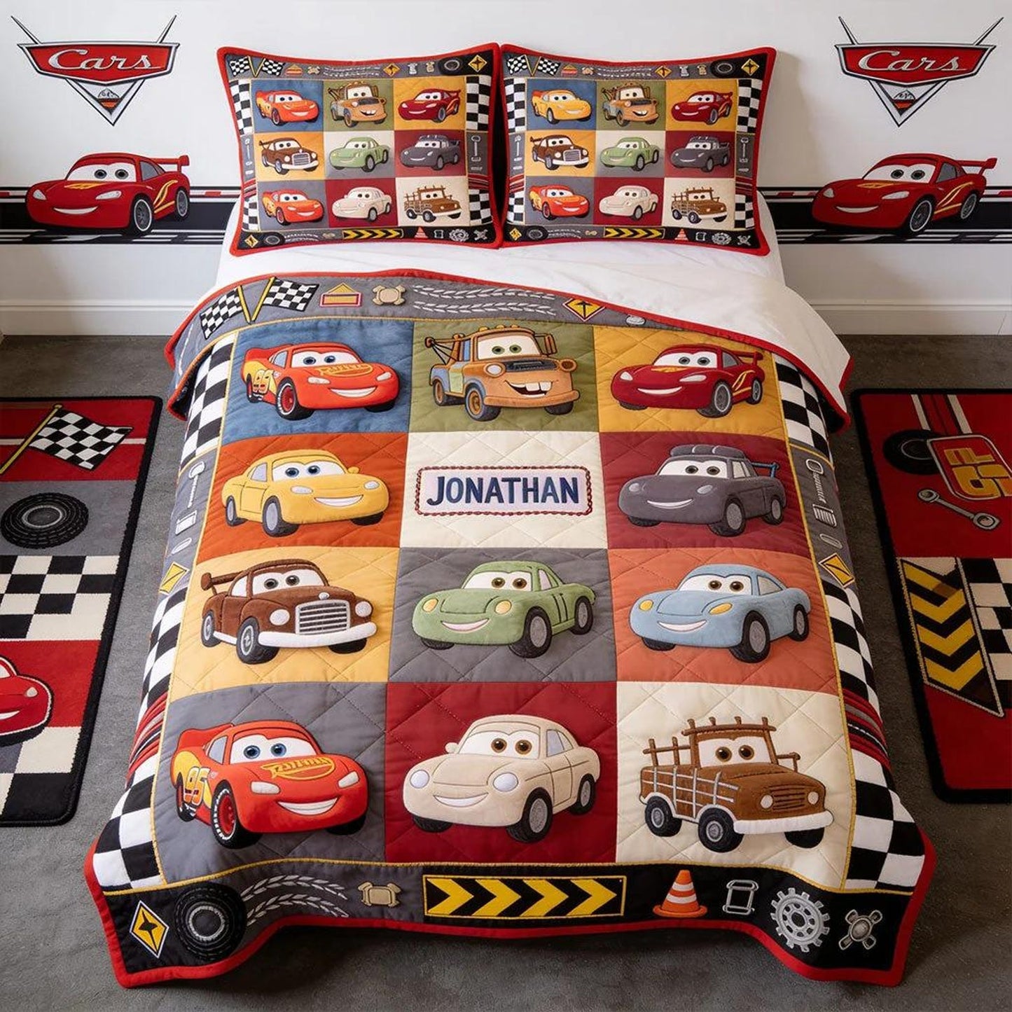 Personalized Race Car Bedding Set – Custom Name Cartoon Racing Quilt & Pillowcase Set