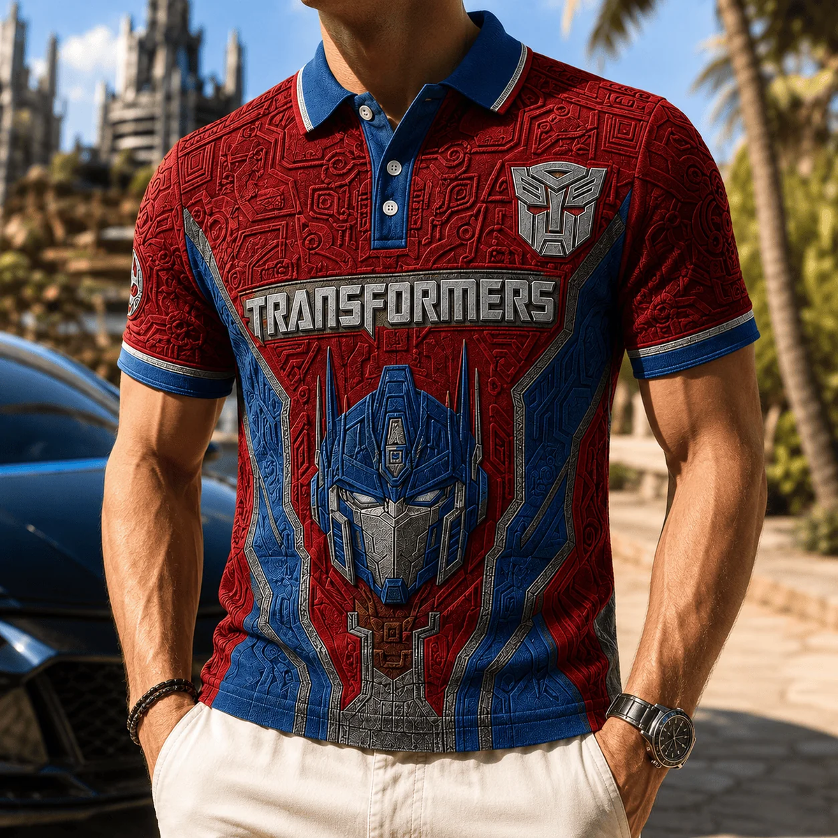 Cyber Robot Commander Polo Shirt – Red & Blue Sci-Fi Mecha Fan Shirt