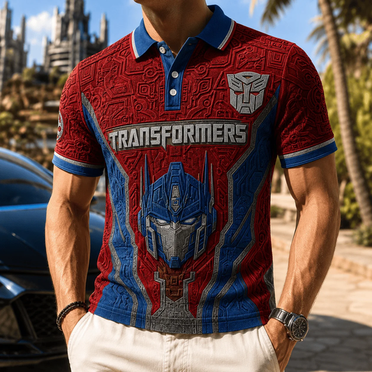 Cyber Robot Commander Polo Shirt – Red & Blue Sci-Fi Mecha Fan Shirt