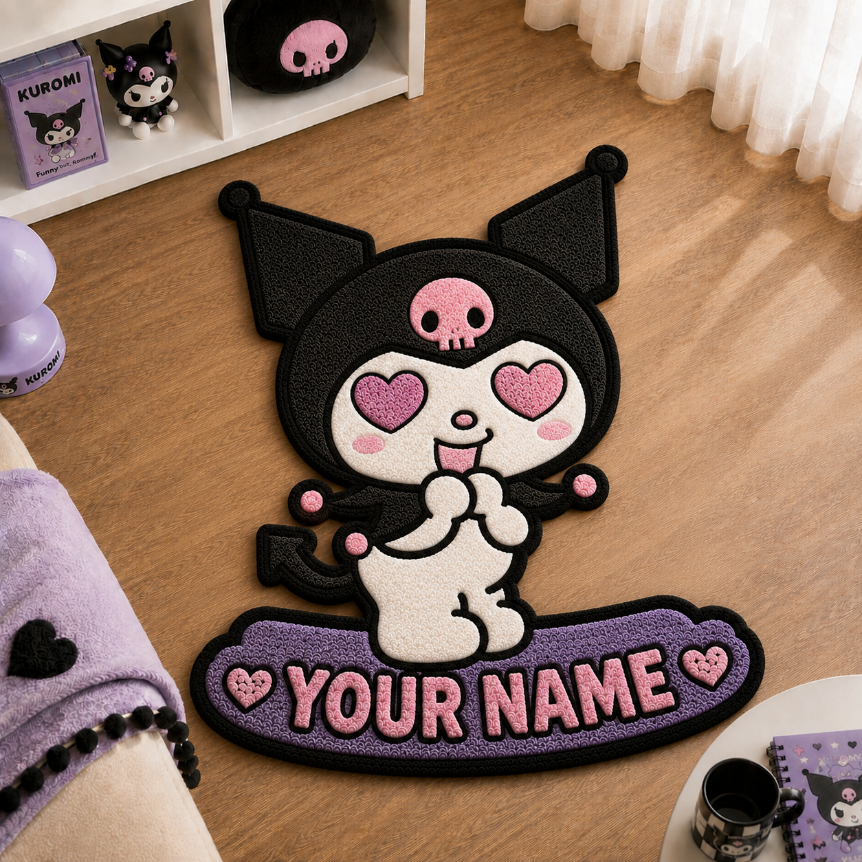 Personalized Gothic Evil Cat Tufted Rug – Custom Name Purple Cat Cute Bedroom Door Mat