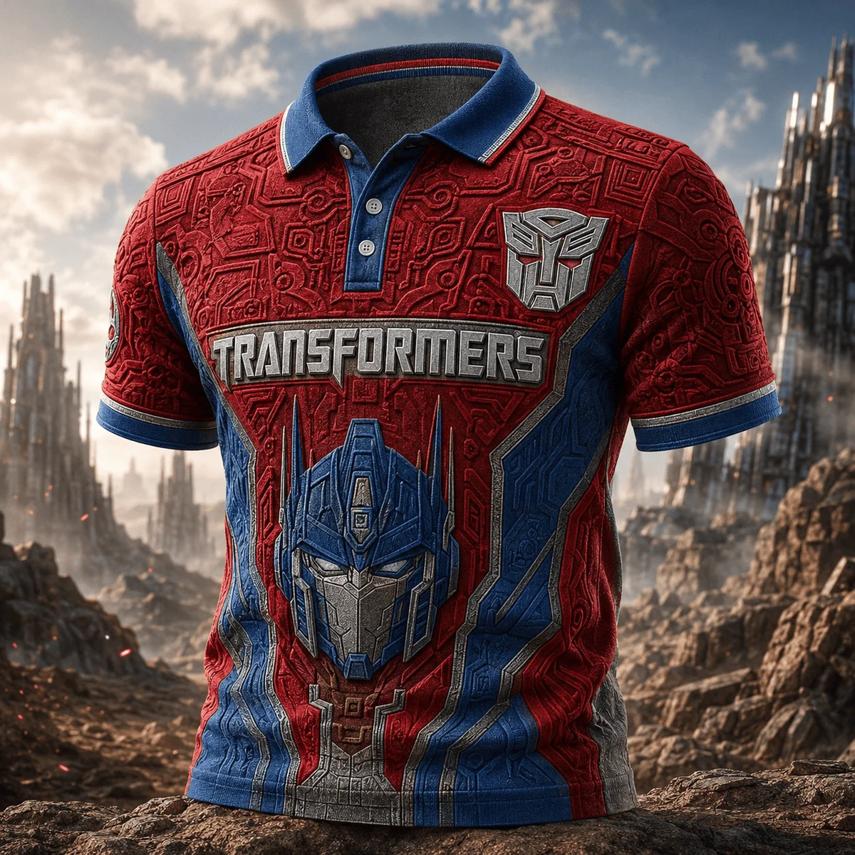 Cyber Robot Commander Polo Shirt – Red & Blue Sci-Fi Mecha Fan Shirt