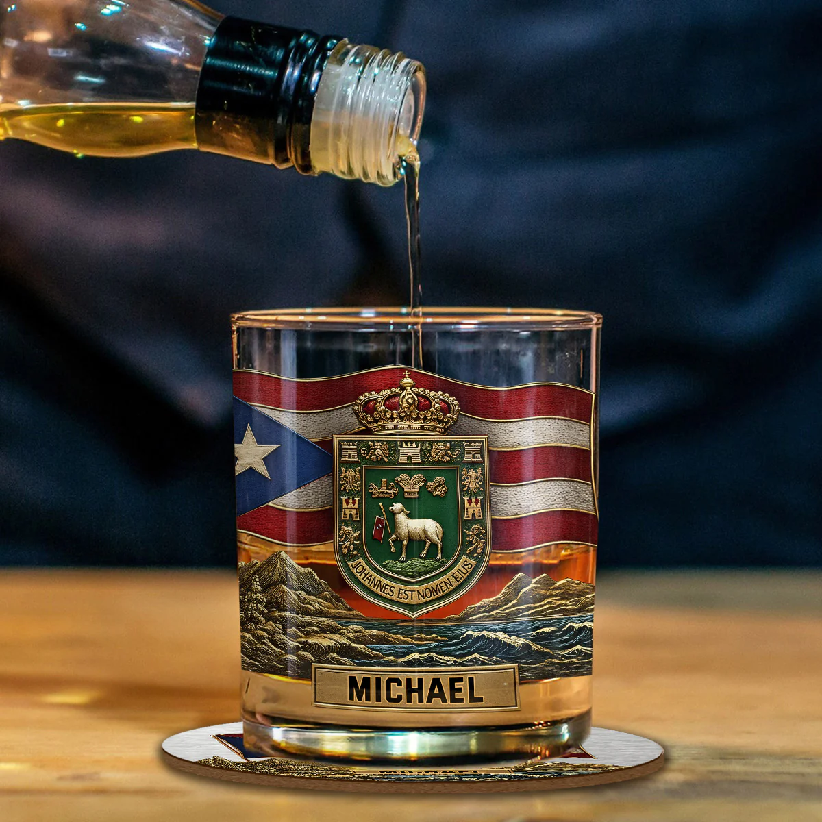 Puerto Rican Coat Of Arms, Joannes Est Nomen Ejus - Personalized Expats Whiskey Glass