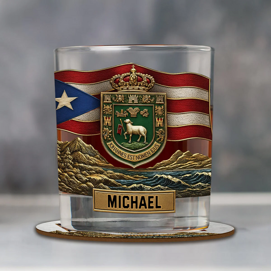 Puerto Rican Coat Of Arms, Joannes Est Nomen Ejus - Personalized Expats Whiskey Glass