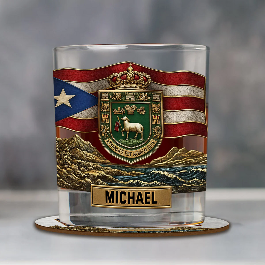 Puerto Rican Coat Of Arms, Joannes Est Nomen Ejus - Personalized Expats Whiskey Glass