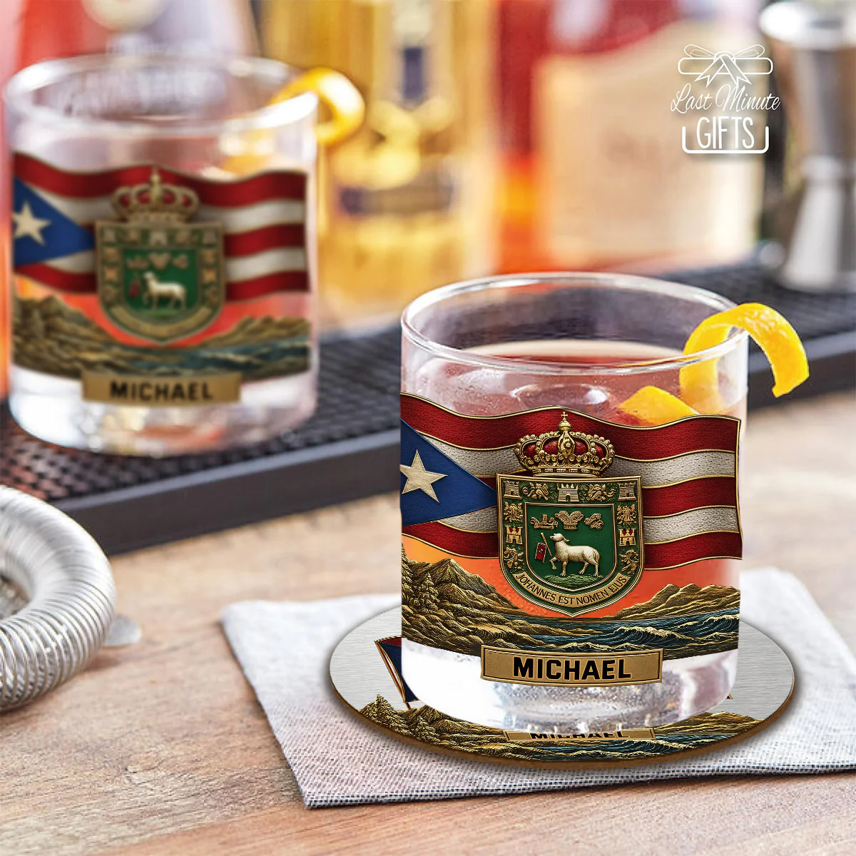 Puerto Rican Coat Of Arms, Joannes Est Nomen Ejus - Personalized Expats Whiskey Glass
