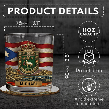 Puerto Rican Coat Of Arms, Joannes Est Nomen Ejus - Personalized Expats Whiskey Glass