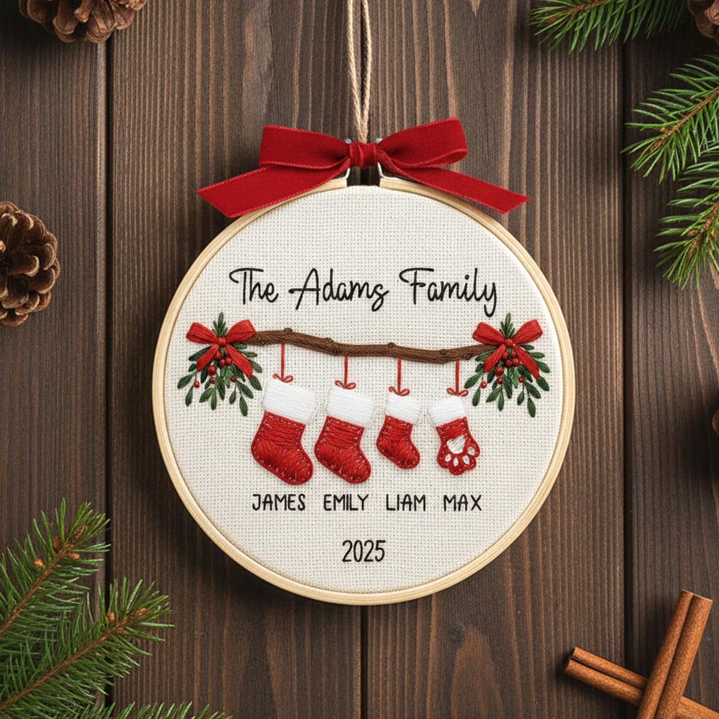 Personalized Family Christmas Ornament, Custom Embroidery Hoop, Holiday Stocking Ornament