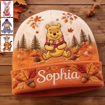 Autumn Honey Bear Personalized Beanie Hat – Cozy Woodland Friends Knit Cap