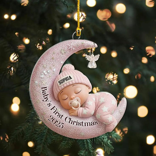 Baby’s First Christmas 2D Flat Ornament, Custom Moon Sleeping Acrylic Keepsake, Personalized Newborn Gift