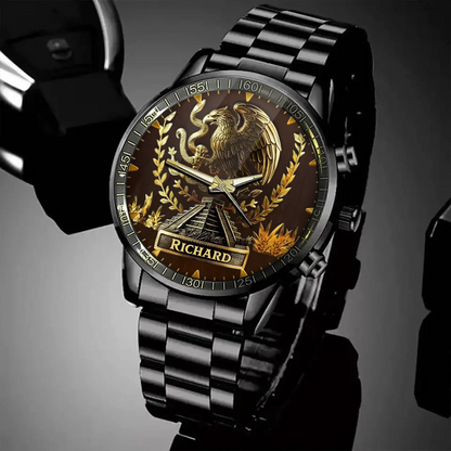 Personalized Mexican Eagle Pyramid Watch - Emblem Dial with Custom Name