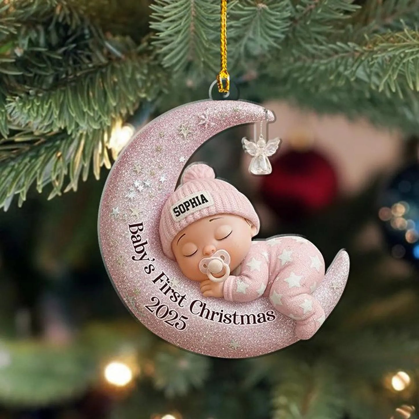 Baby’s First Christmas 2D Flat Ornament, Custom Moon Sleeping Acrylic Keepsake, Personalized Newborn Gift