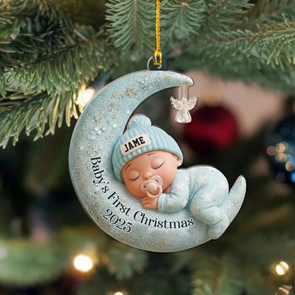Baby’s First Christmas 2D Flat Ornament, Custom Moon Sleeping Acrylic Keepsake, Personalized Newborn Gift