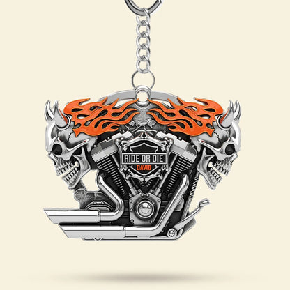 Motorcycle Engine Evil Skull Keychain - Personalized Gifts For Biker
