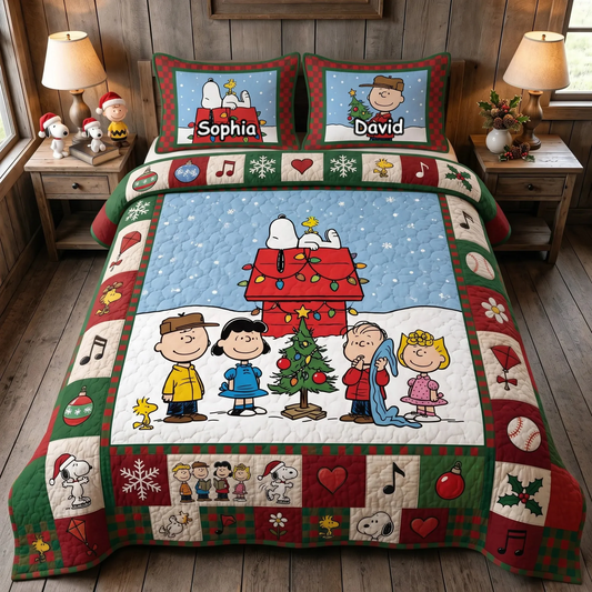 Cozy Puppy Christmas Quilt Bedding Set – Festive Winter Friends Bedroom Decor