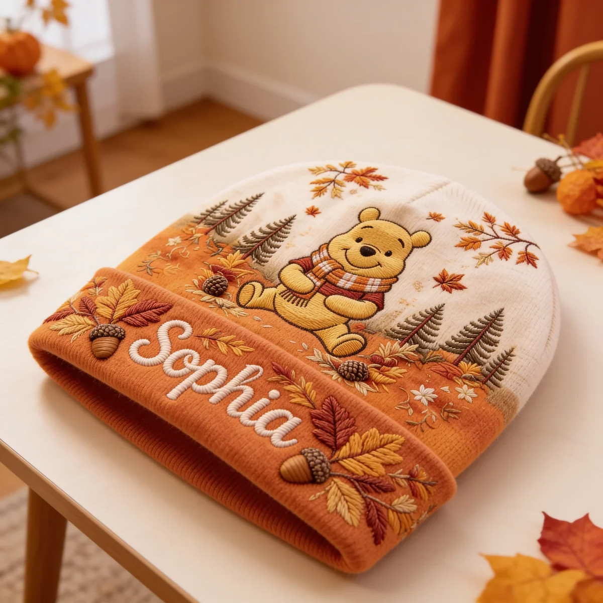 Autumn Honey Bear Personalized Beanie Hat – Cozy Woodland Friends Knit Cap