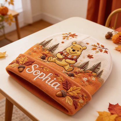 Autumn Honey Bear Personalized Beanie Hat – Cozy Woodland Friends Knit Cap