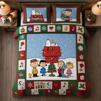 Cozy Puppy Christmas Quilt Bedding Set – Festive Winter Friends Bedroom Decor