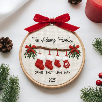 Personalized Family Christmas Ornament, Custom Embroidery Hoop, Holiday Stocking Ornament