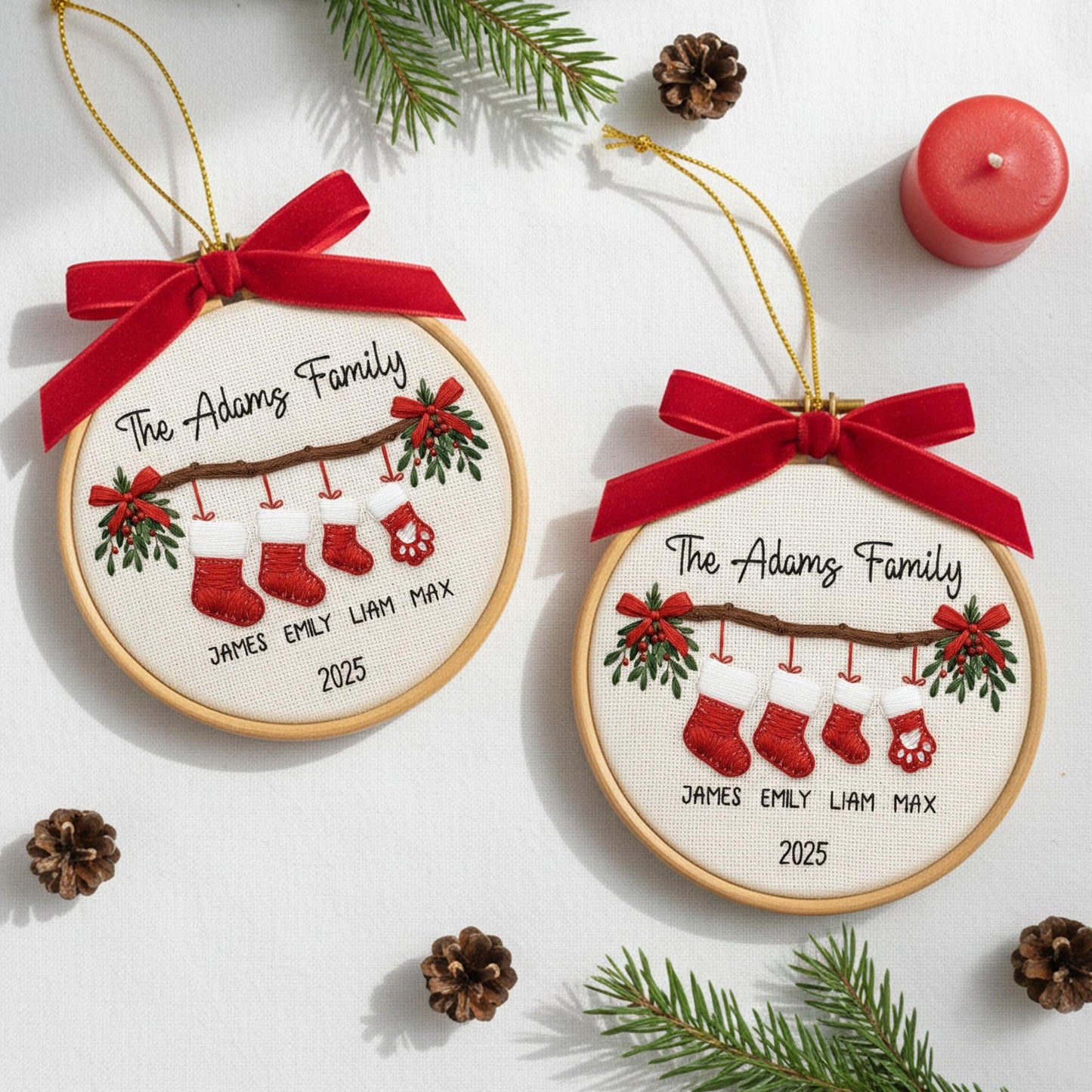 Personalized Family Christmas Ornament, Custom Embroidery Hoop, Holiday Stocking Ornament