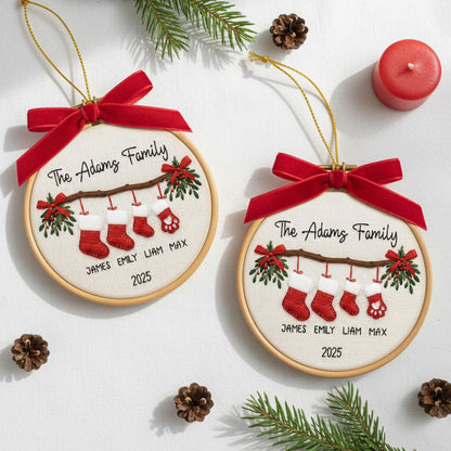 Personalized Family Christmas Ornament, Custom Embroidery Hoop, Holiday Stocking Ornament