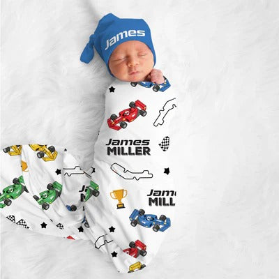 Custom Name Baby Blanket – Race Car Pattern Personalized Blanket for Kids