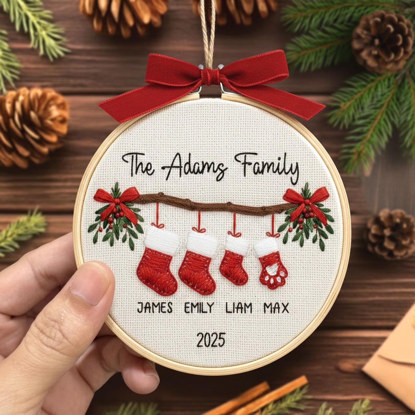 Personalized Family Christmas Ornament, Custom Embroidery Hoop, Holiday Stocking Ornament