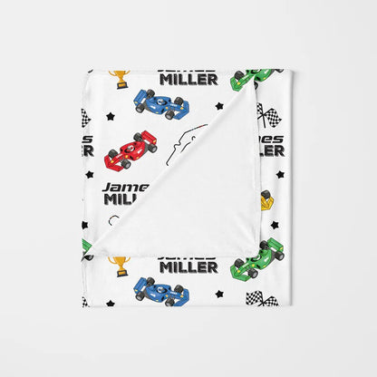 Custom Name Baby Blanket – Race Car Pattern Personalized Blanket for Kids