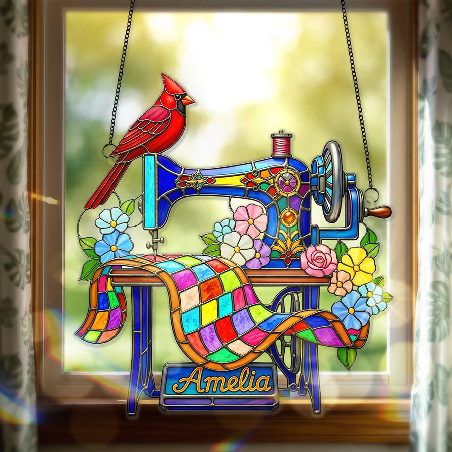 Sewing Machine - Personalized Gifts For Heaven Memorial - Cardinal Christmas Suncatcher Ornament