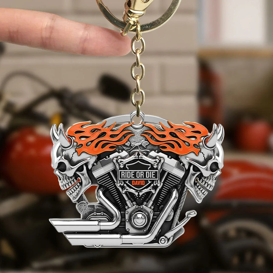 Motorcycle Engine Evil Skull Keychain - Personalized Gifts For Biker