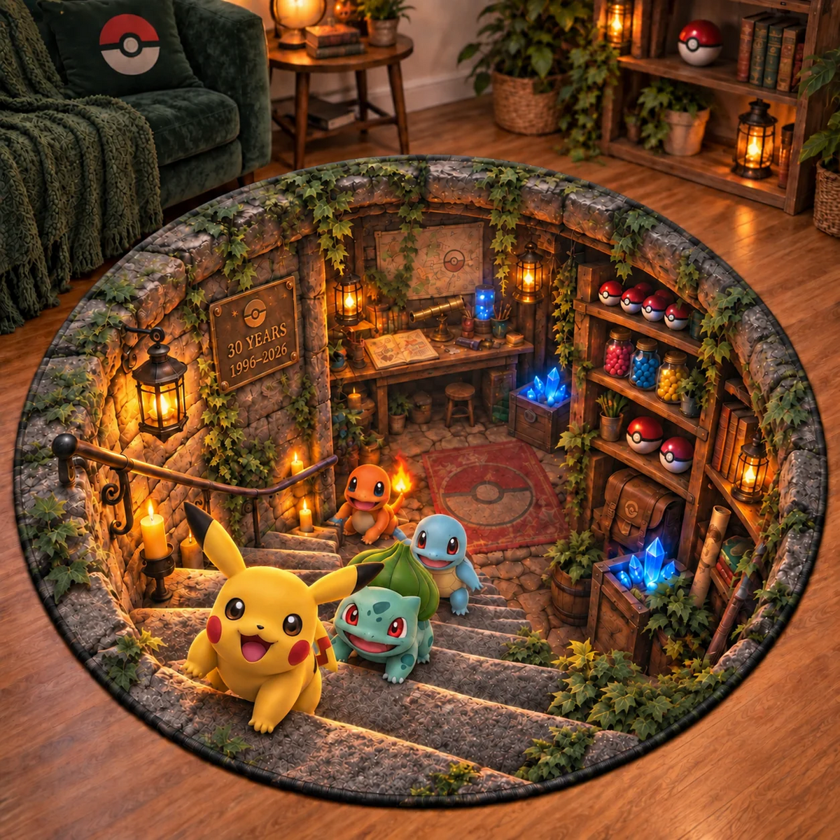 30th Anniversary Adventure Creature Round Rug – Retro Game Room Floor Decor