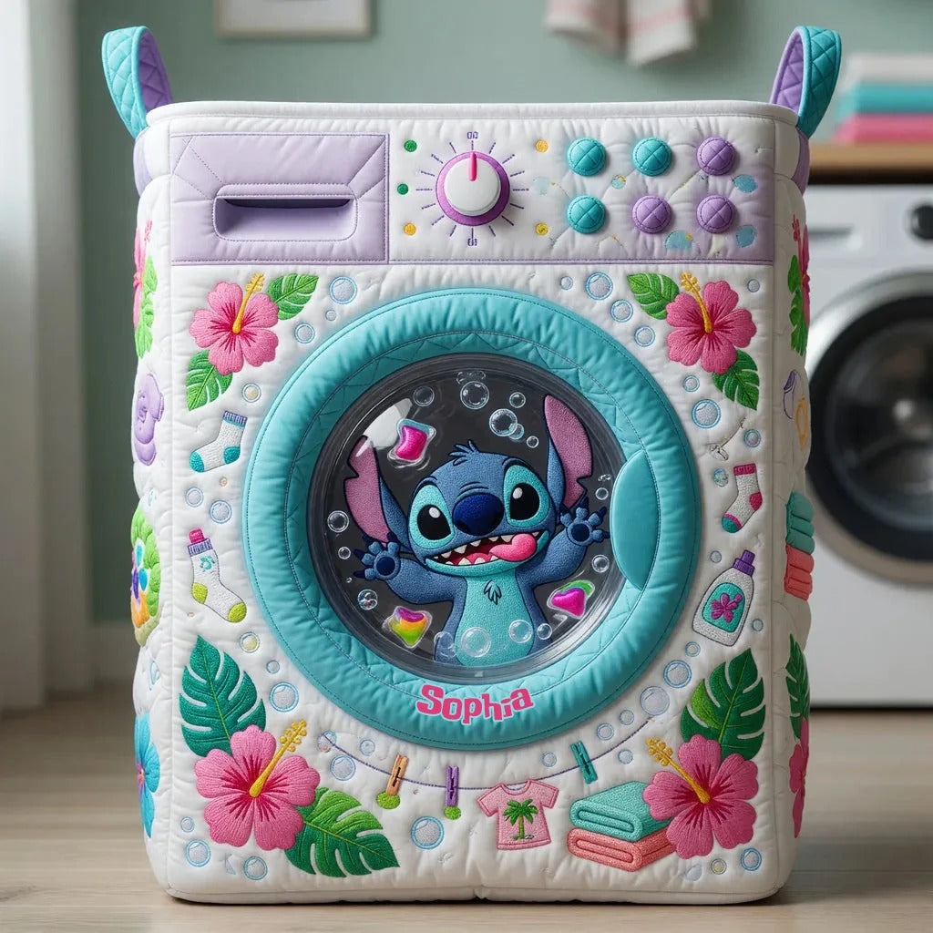 Personalized Cute Blue Alien Storage Basket - Custom Name Ohana Quilt Laundry Basket