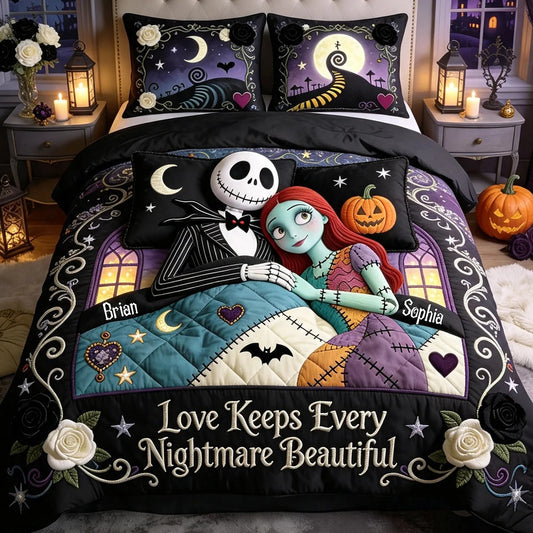 Halloween Nightmare Couple Quilt Bedding Set – Skeleton Bedroom Decor