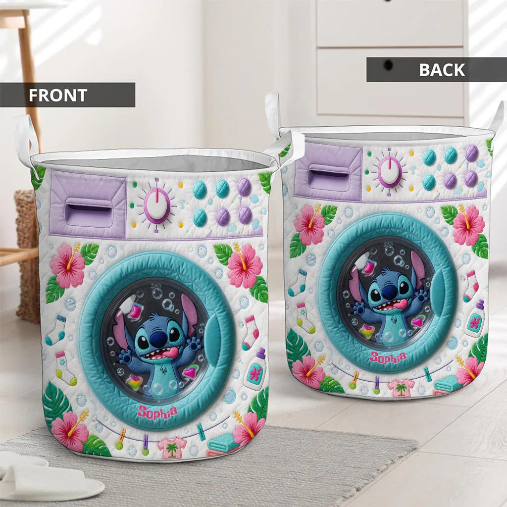 Personalized Cute Blue Alien Storage Basket - Custom Name Ohana Quilt Laundry Basket