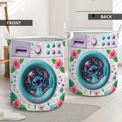 Personalized Cute Blue Alien Storage Basket - Custom Name Ohana Quilt Laundry Basket
